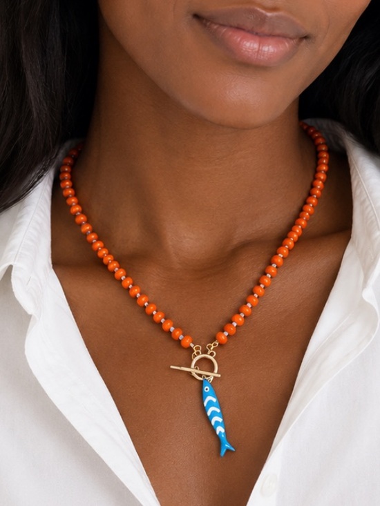 Jewelry - New! Coastal Preppy Tangerine Orange Beaded Fish Sardine Necklace NWOT 5056